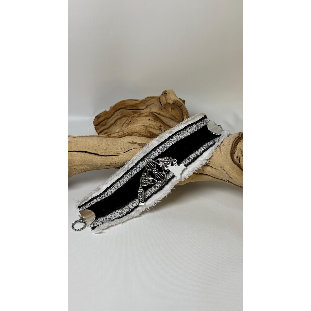 Upcycled Denim Cuff Bracelet Black White Lace Halloween Silver Vintage Brooch
